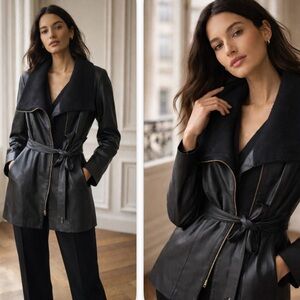 IMAN 100% Genuine Leather Black Trench Coat Jacket Size Small